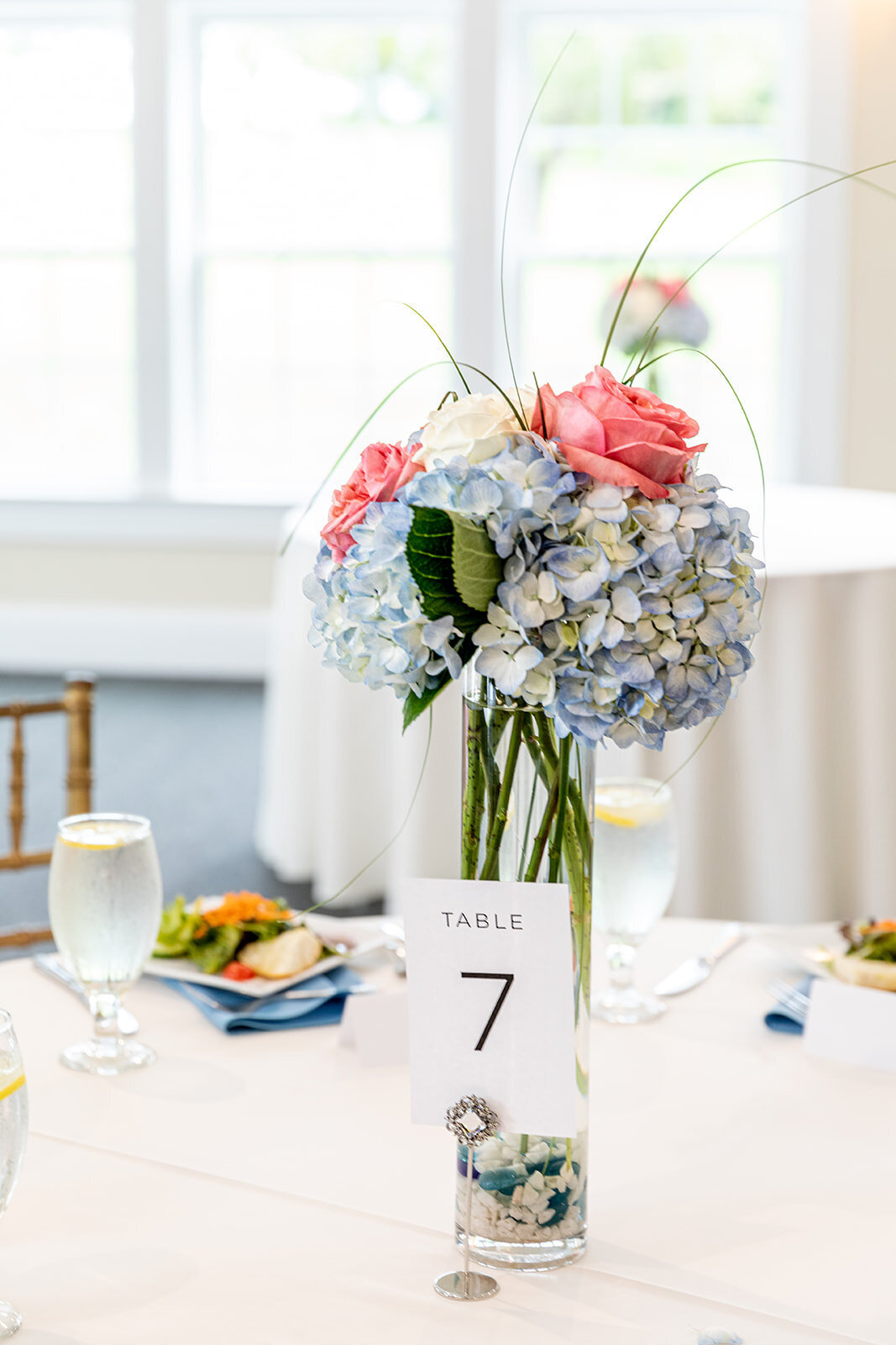 blue and pink flower centerpieces