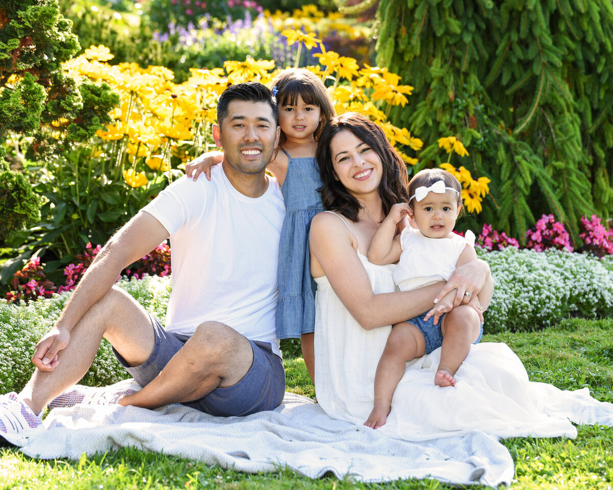 Family sitting on blanket in grass