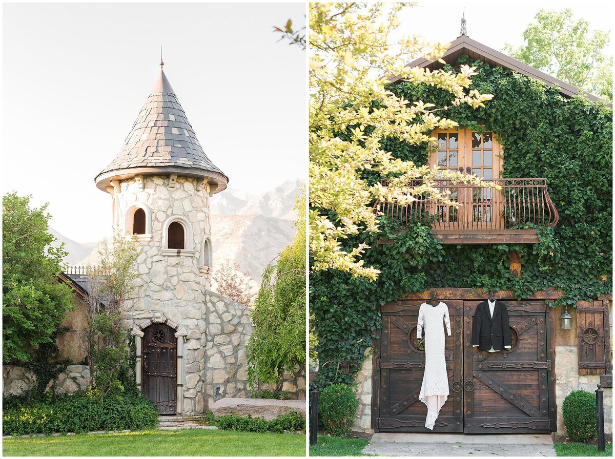 Turret castle and dress and suit hanging on door at Wadley Farms