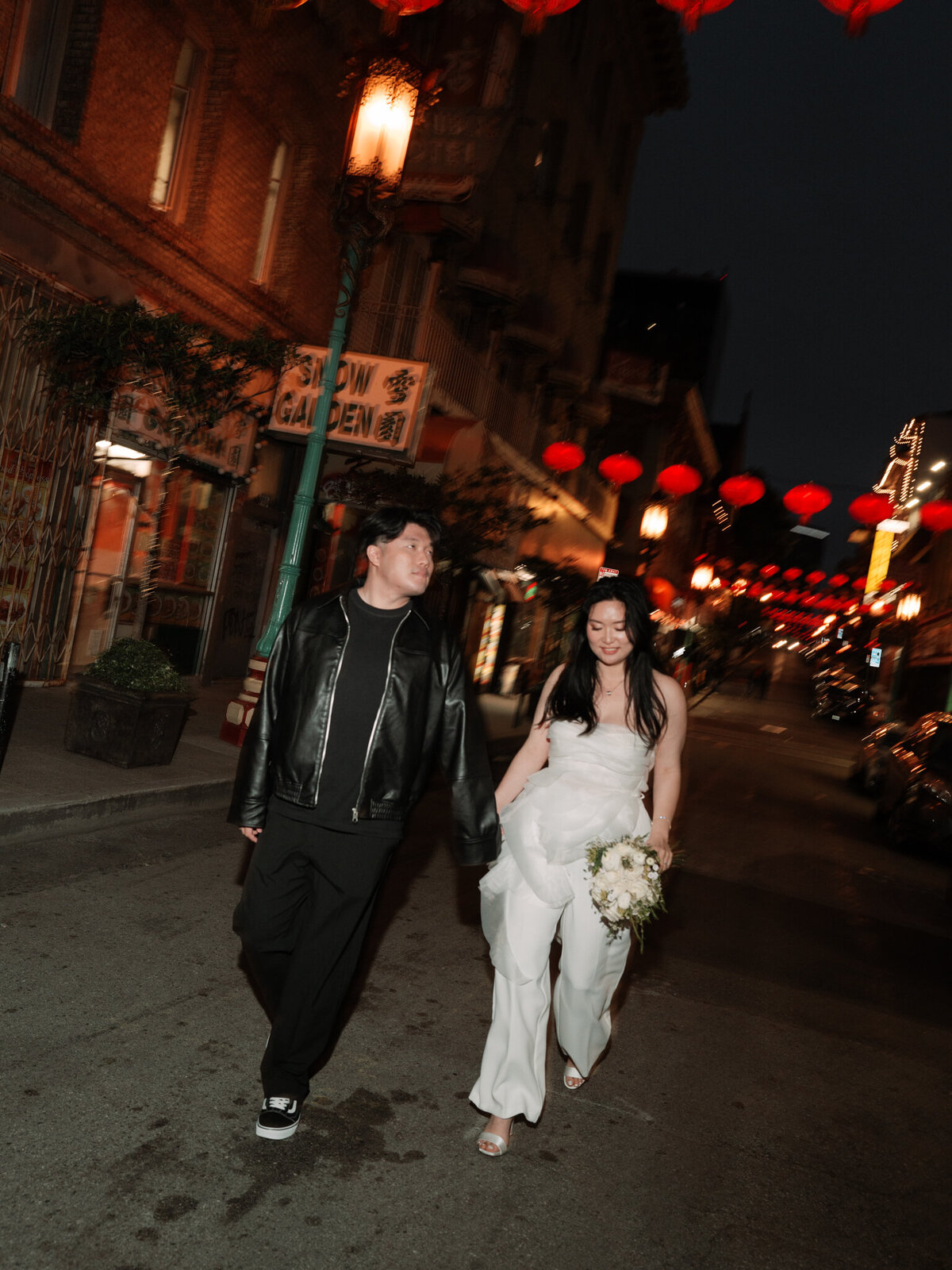 Direct flash engagement session inspiration in downtown Chinatown