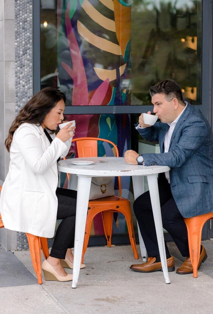 Katty and Salvatore enjoying coffee perfect for personal branding photoshoots, lifestyle, and coffee culture content.
