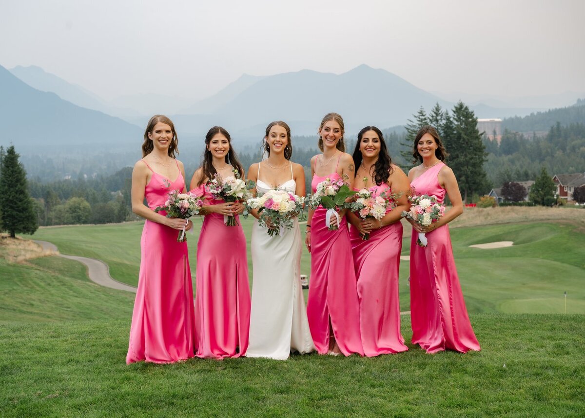 washington golf course wedding bright pink bridesmaid dresses