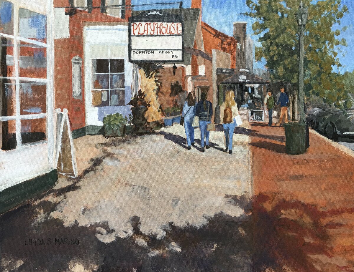 Painting of New Canaan CT downtown scene of the New Canaan Playhouse with three girls walking , 12 x 16, acrylic painting by Connecticut Painter Linda Marino