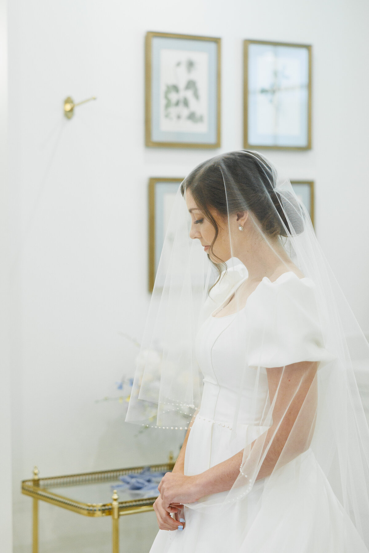 Bridal portrait at Twenty and Creek, with the bride in a satin gown with pearl veil