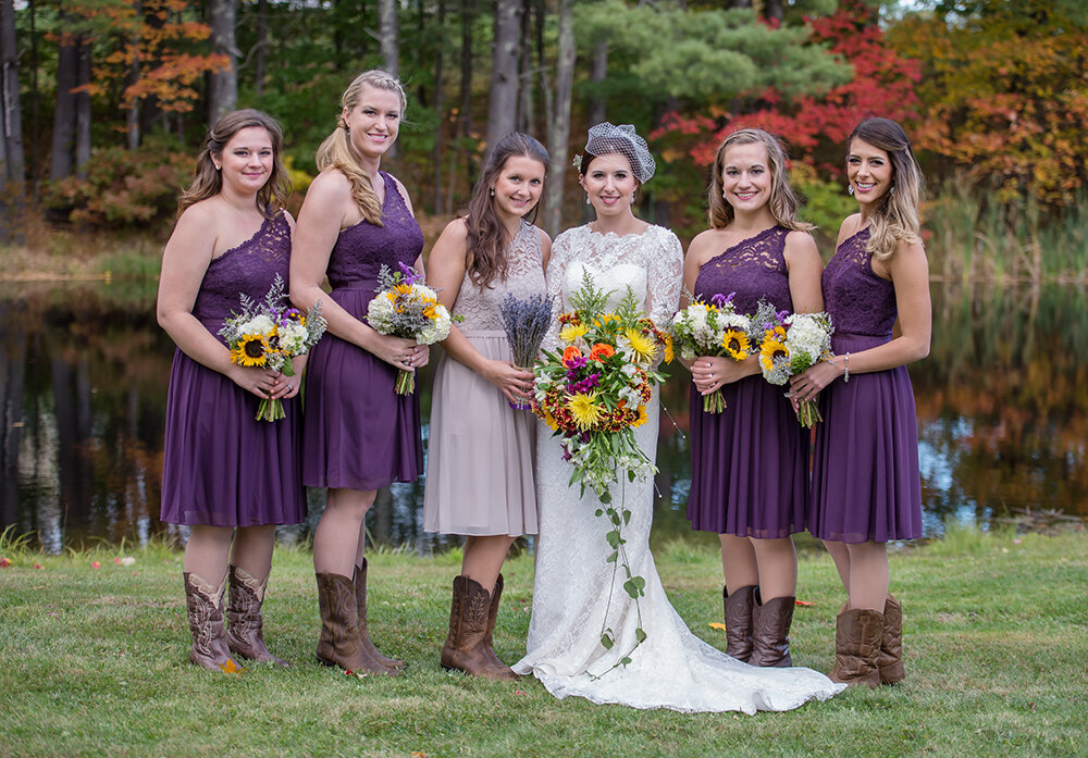 Bridal party portrait fall wedding in Dayton Maine at A Barn