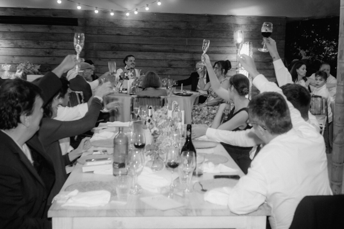 Cheers to the wedding couple! All guests raise their glasses to the newly weds.