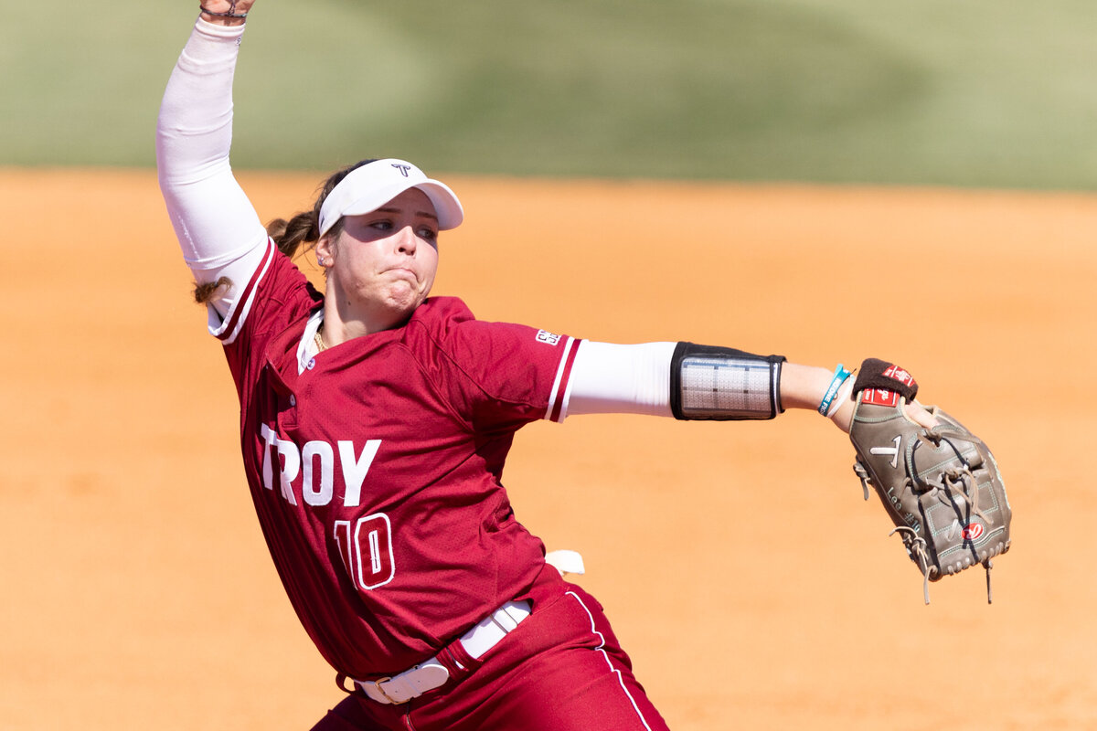 Leanna Johnson of Brantley, Alabama pitches against the University of Alabama.