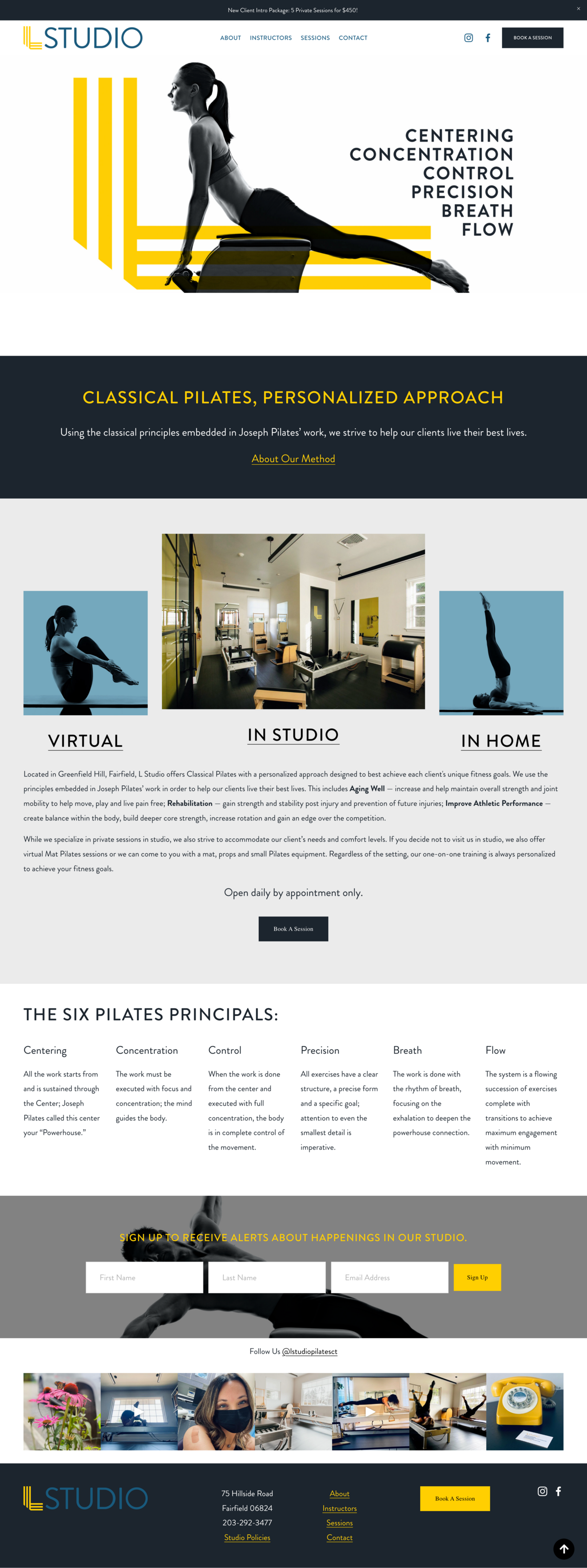 Homepage design of L Studio Pilates featuring navy and yellow accents and black and white pilates imagery
