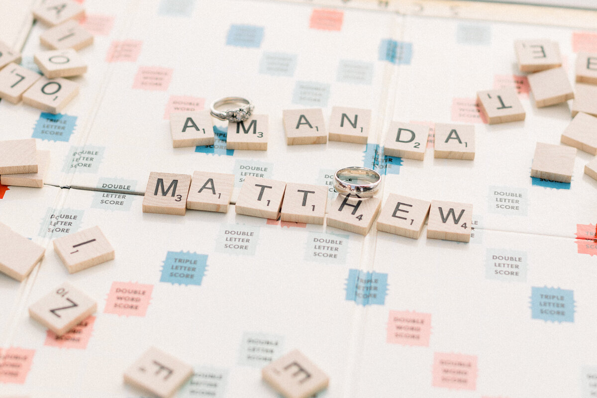 wedding rings on scrabble game board with letters spelling bride an grooms names taken by  spokane wedding photographers