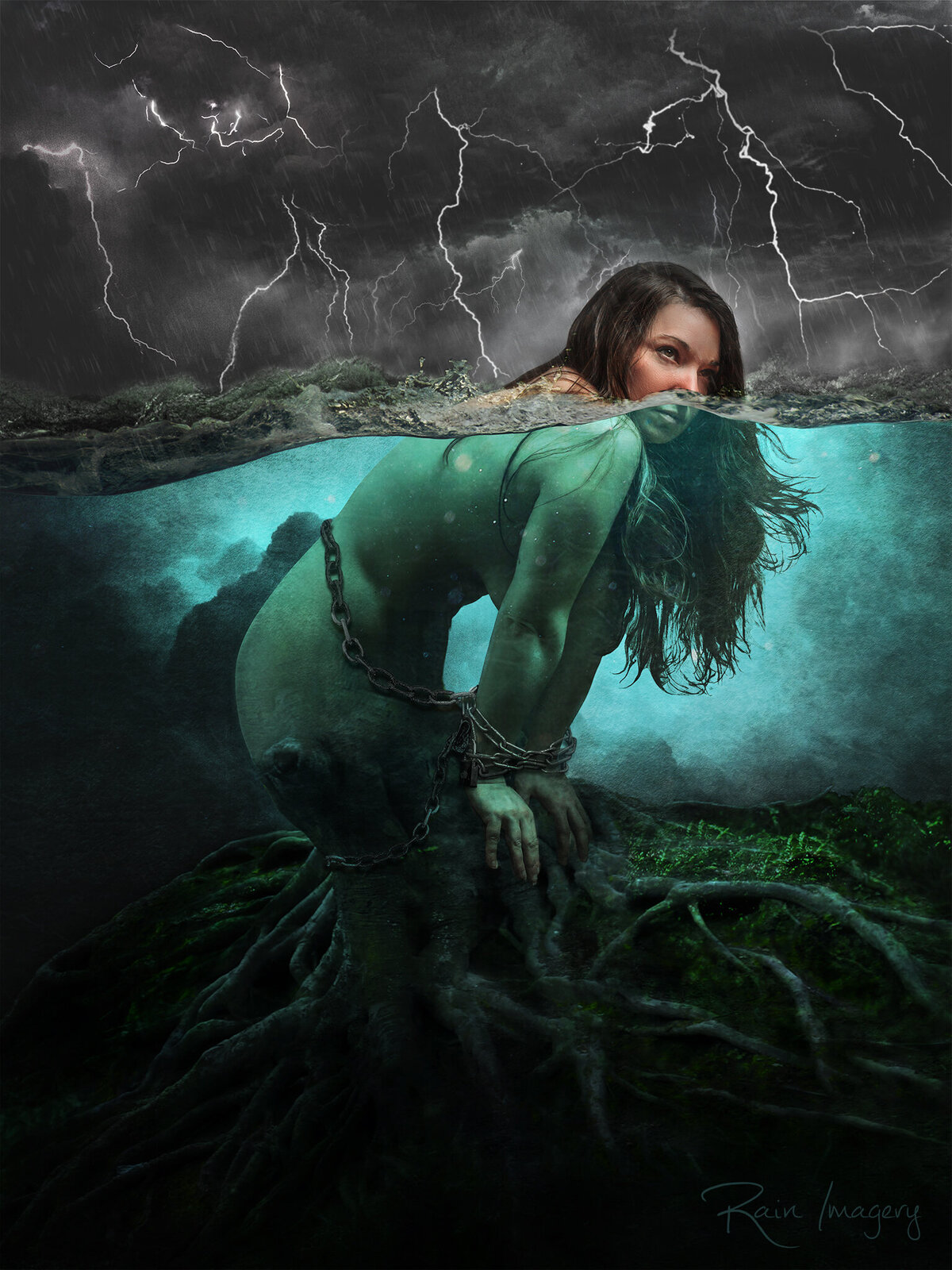 Fantasy photo art creation of a woman rooted and chained in stormy water