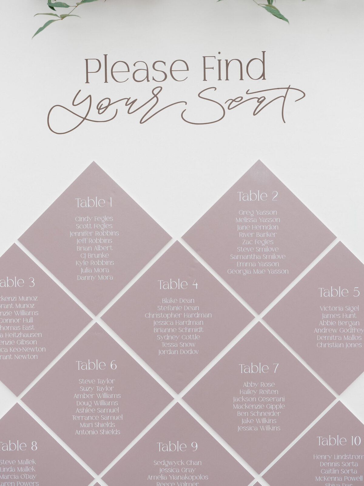 custom calligraphy wedding details for a seating chart on a white wall representing full service design and calligraphy by Life in Letters.