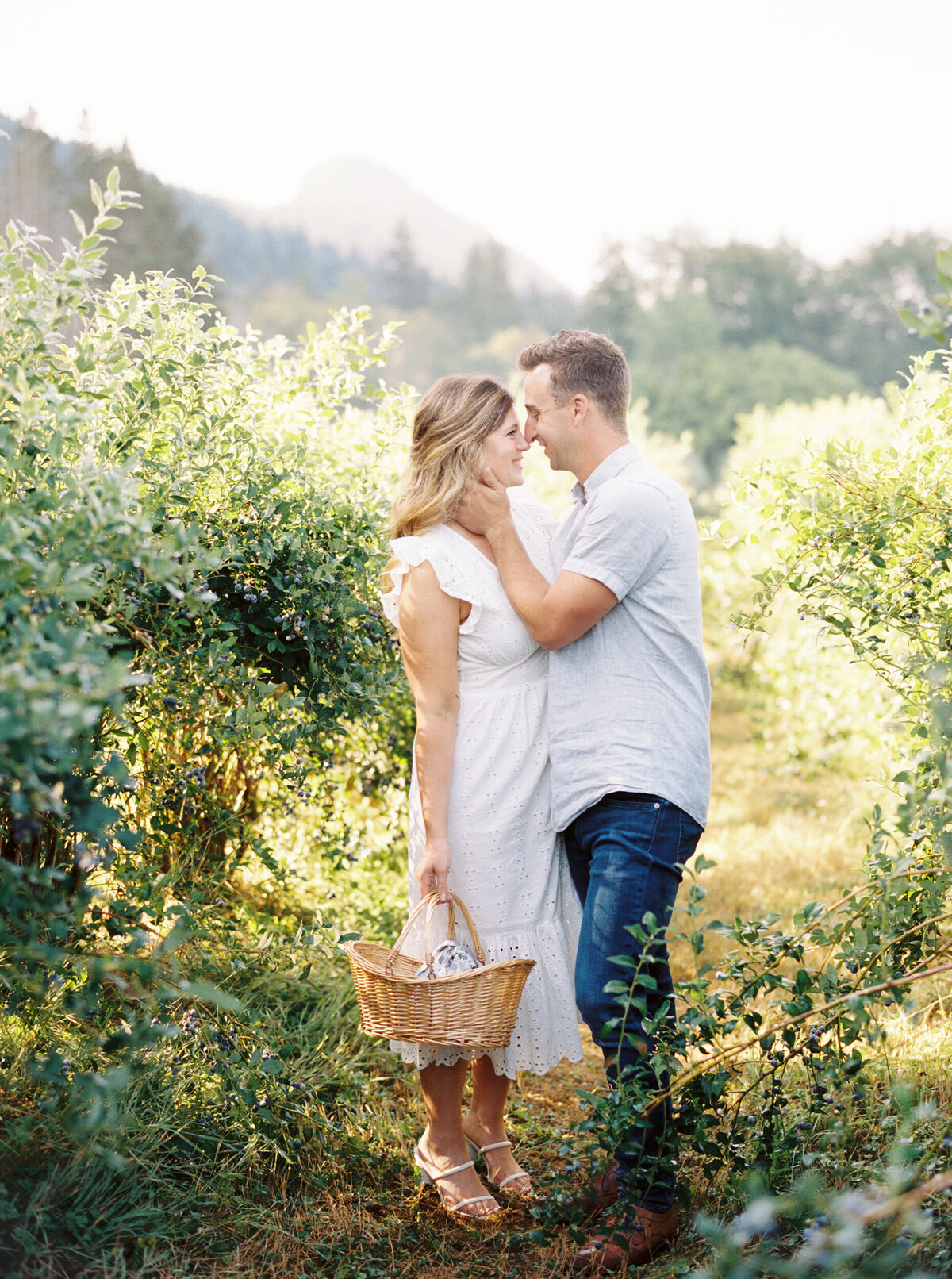 seattle engagement photographer captures  couple picking blueberries at mountain farm 