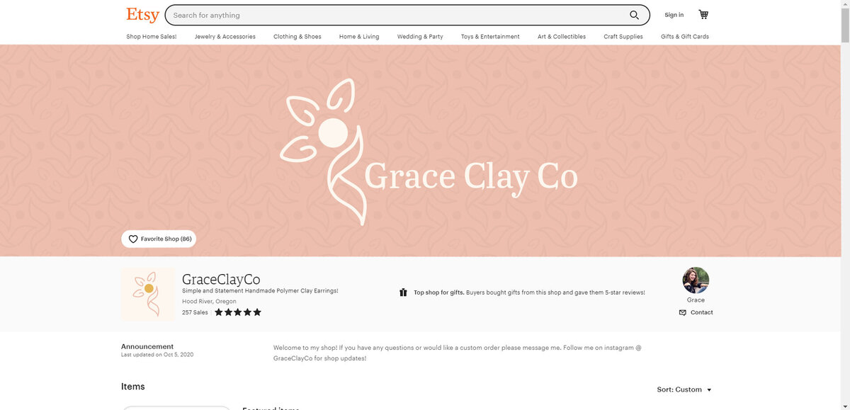 Grace Clay Co pattern and logo created by Ayanna Richilano Designs in use on Etsy storefront