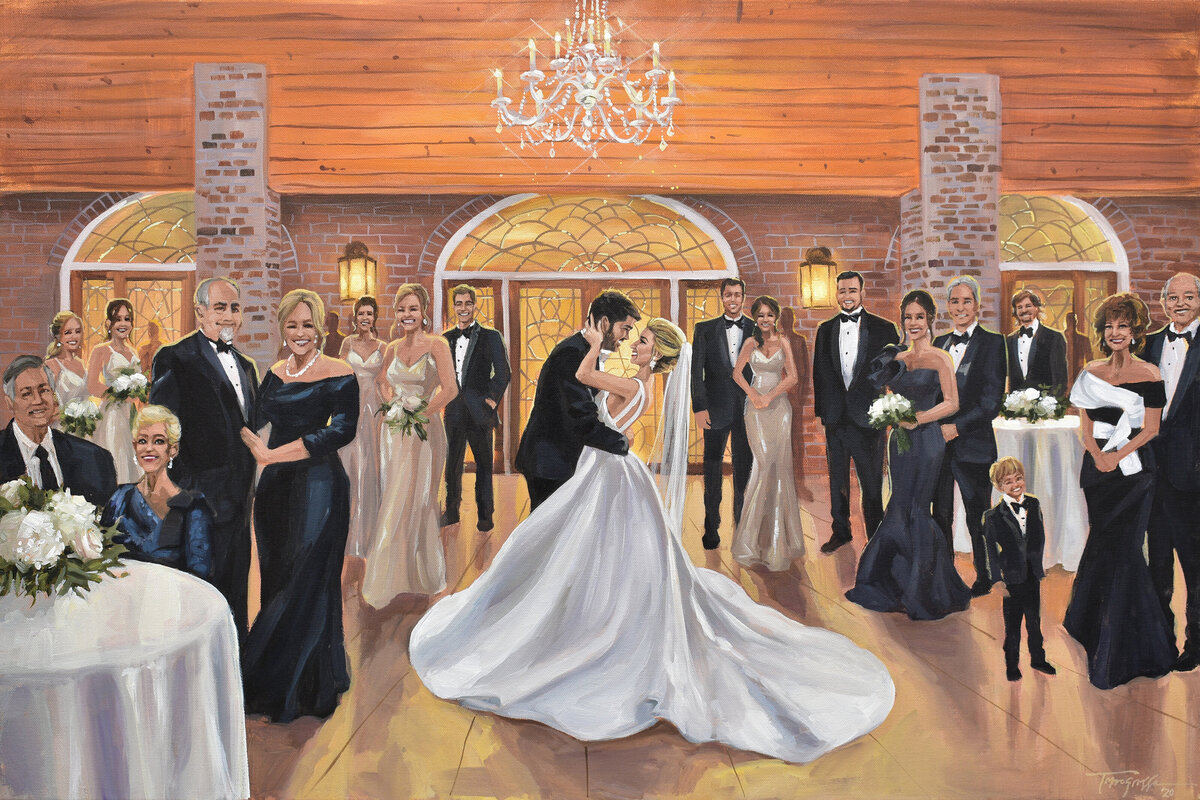 bride and groom dance under chandelier, Wedding Portrait Paintings From Photos