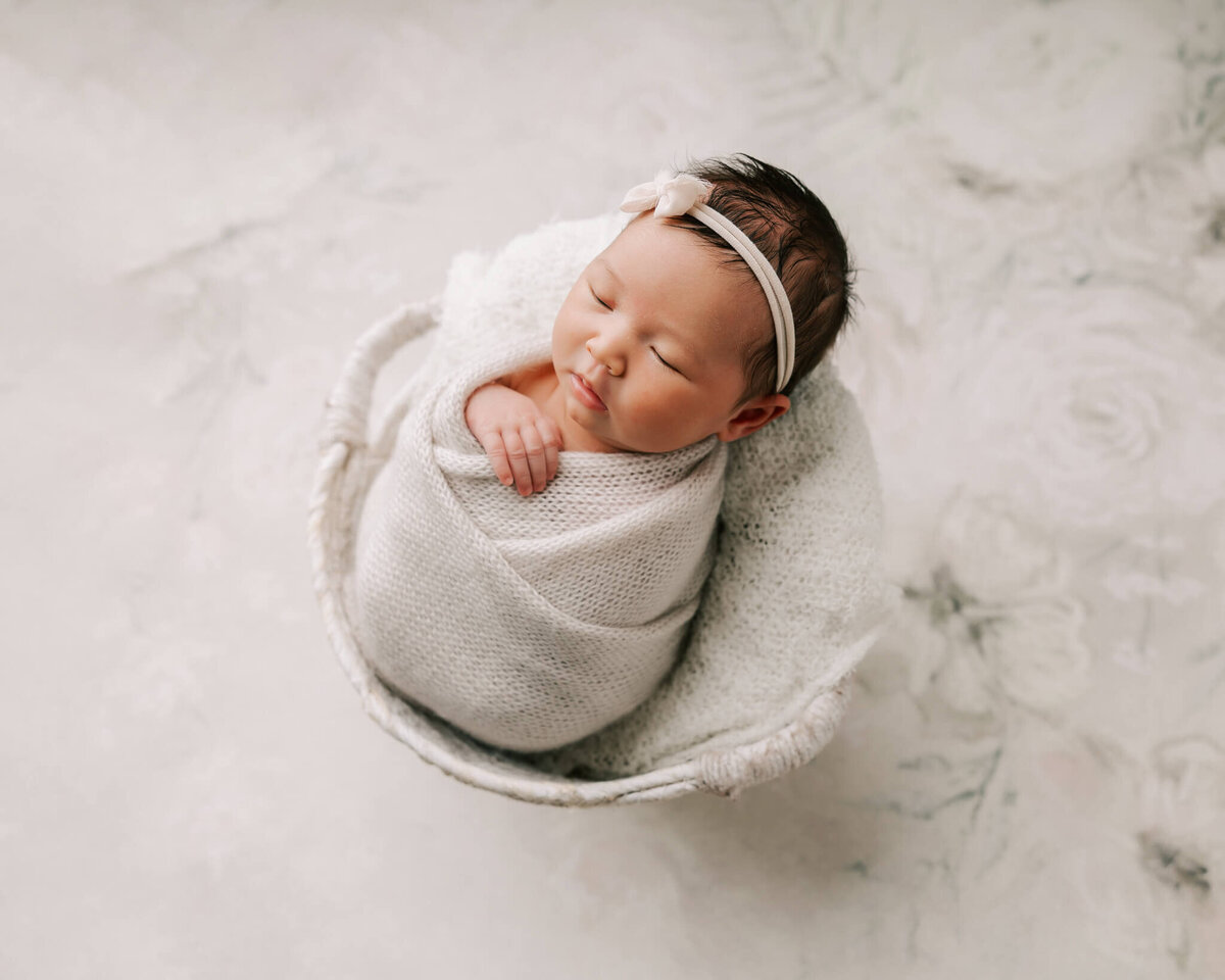 beautiful portrait of newborn baby girl in white basket