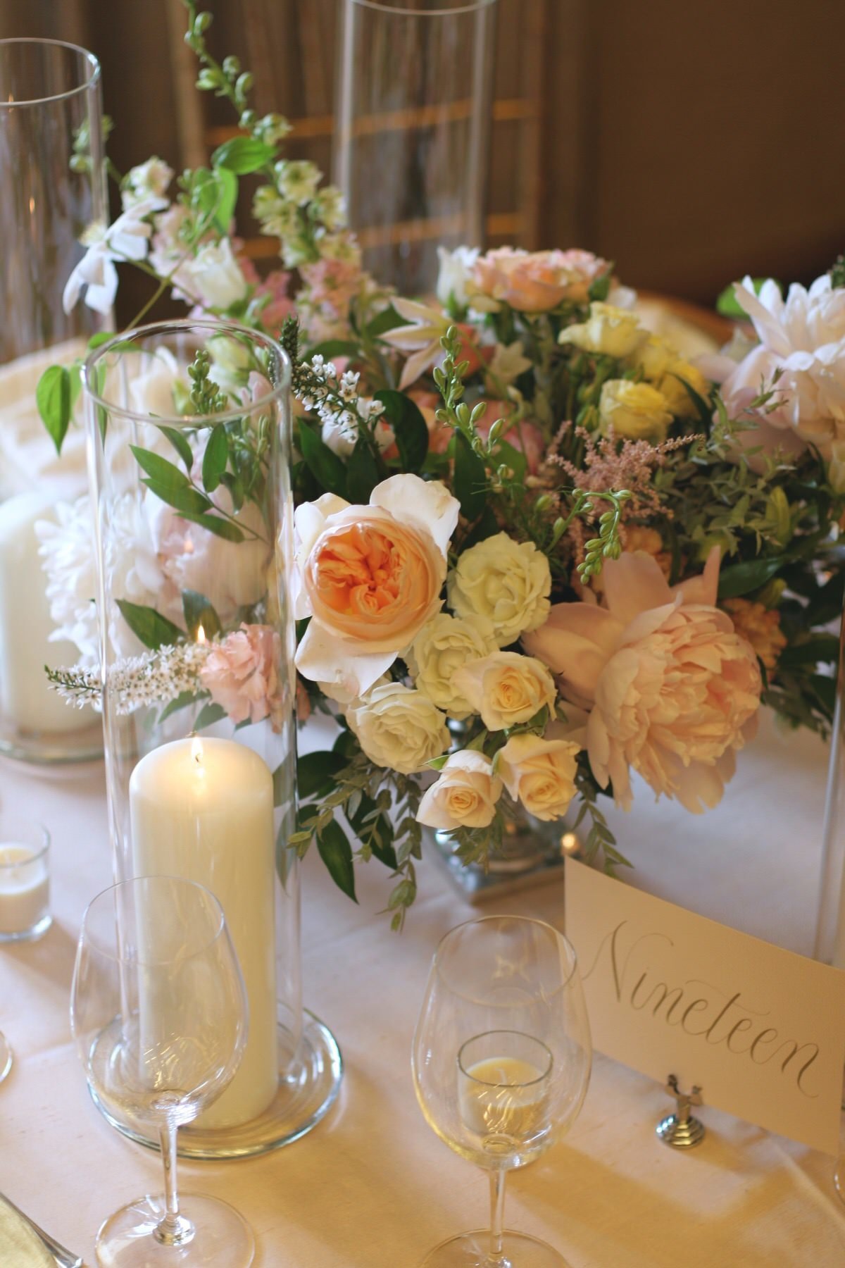Country club wedding summer centerpiece with pillar candle