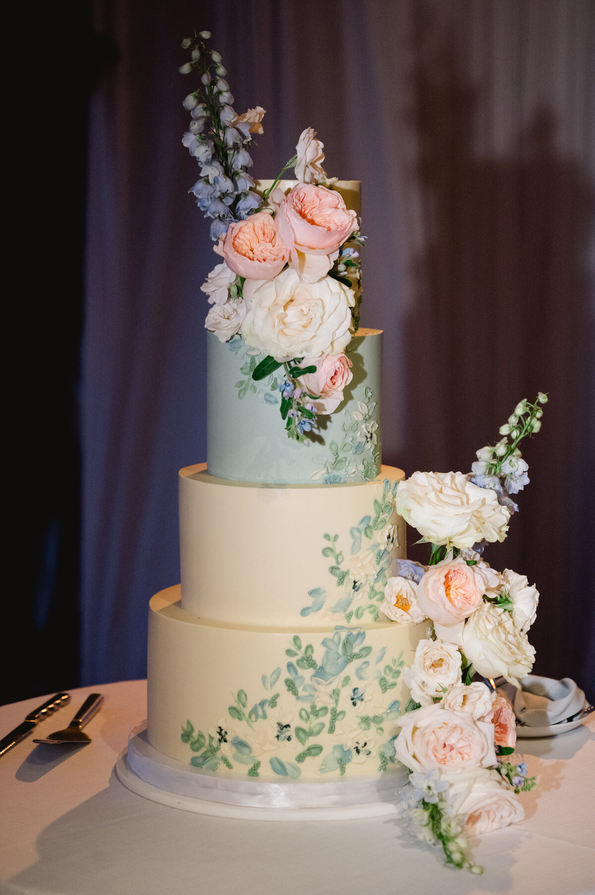 Wedding cake with floral decorations.