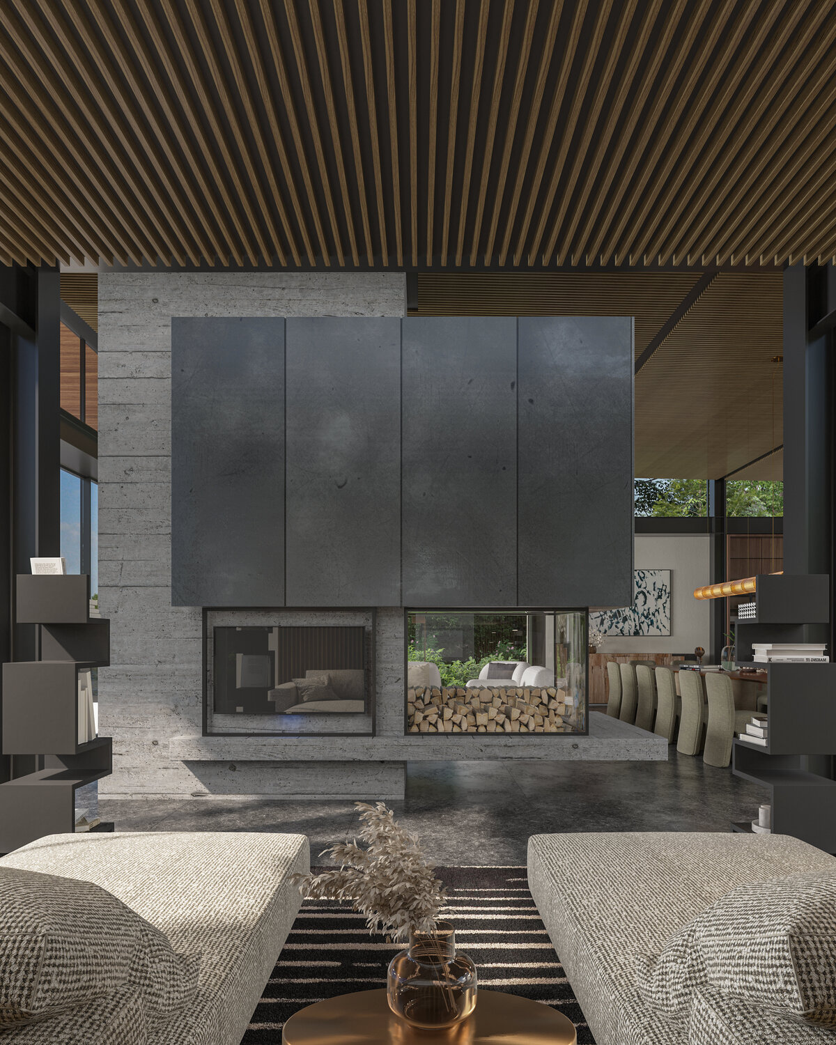 Separating wall with fireplaces and a lot of organic accent materials