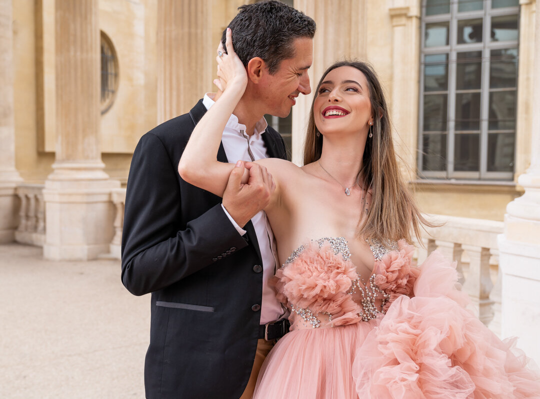 Intimate couple close-up portrait Paris, candid laughing moment, romantic photography session