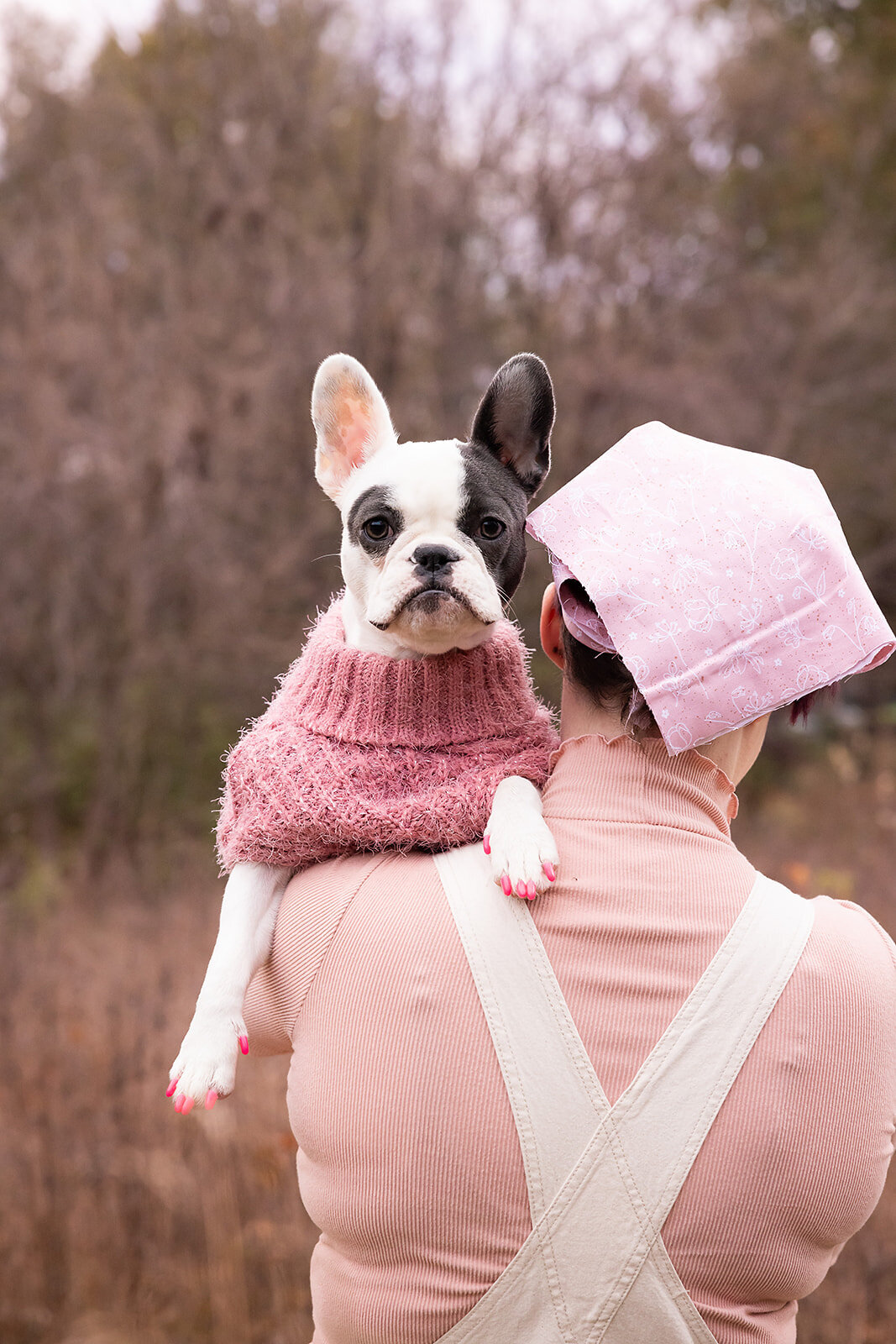 Dog on mama's shoulder looking at camera with pink sweater
