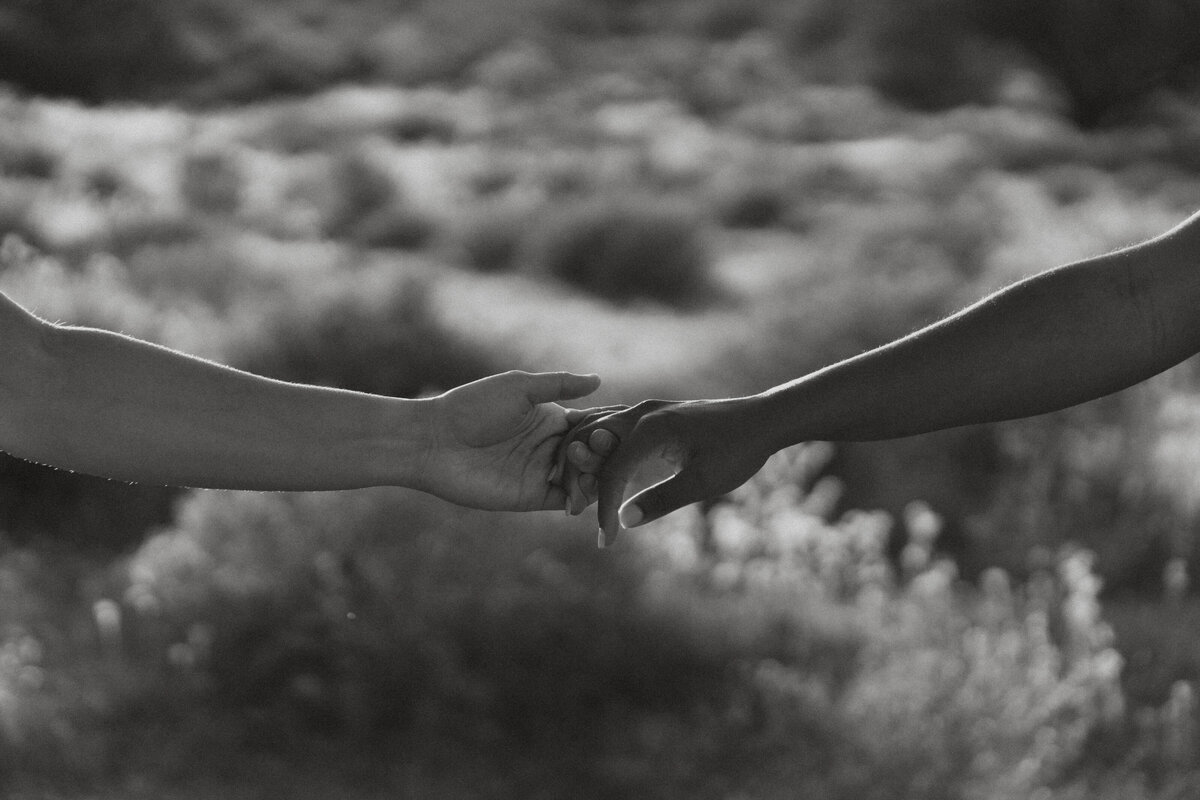 Two hands reaching out with their fingers intertwined 