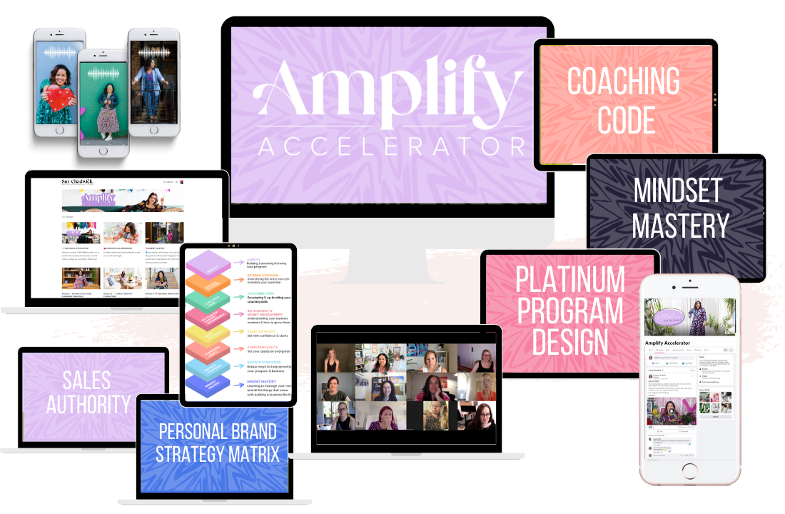 Flat lay of Amplify mastermind with pdfs online course, zoom call and google sheets