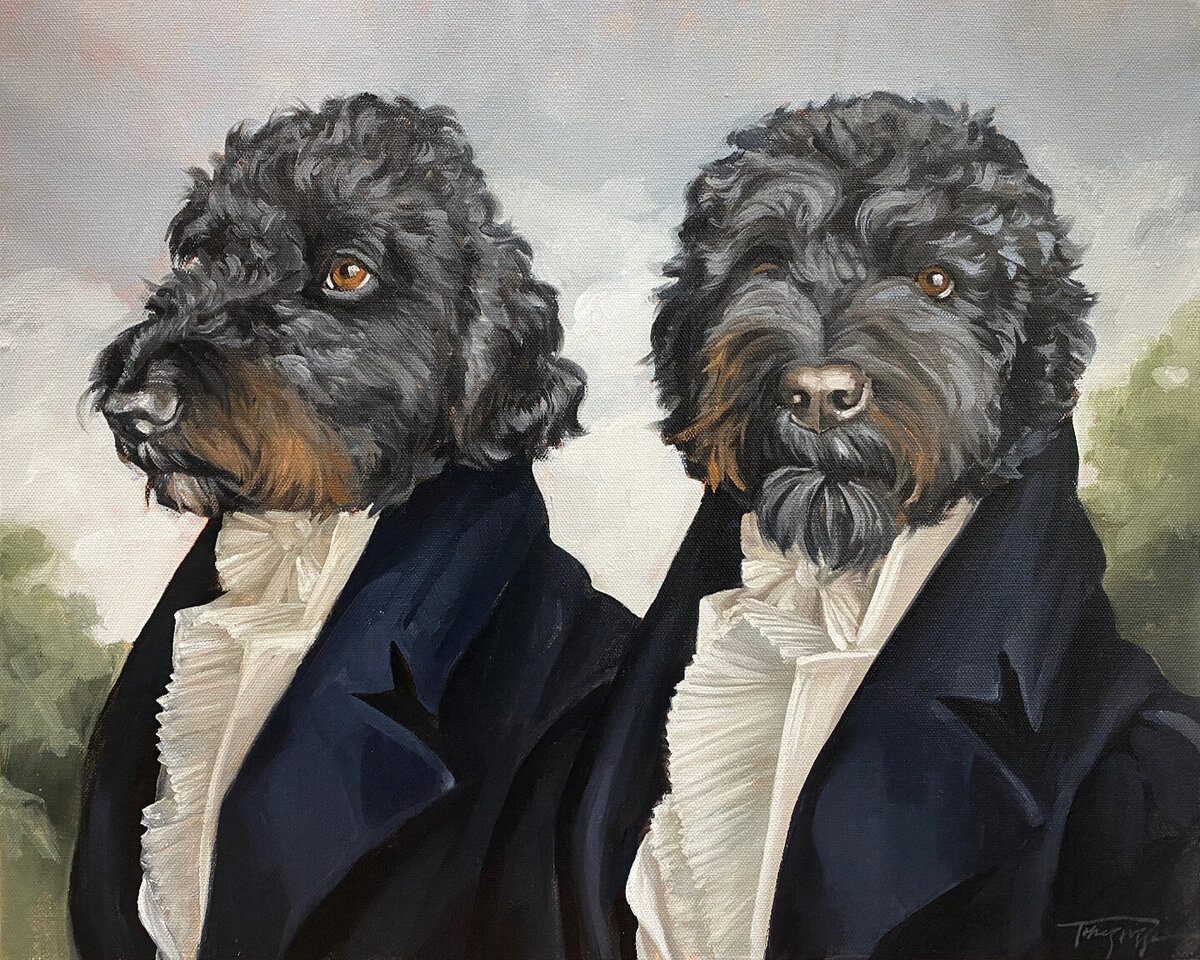 pet portrait of two dogs in ascots