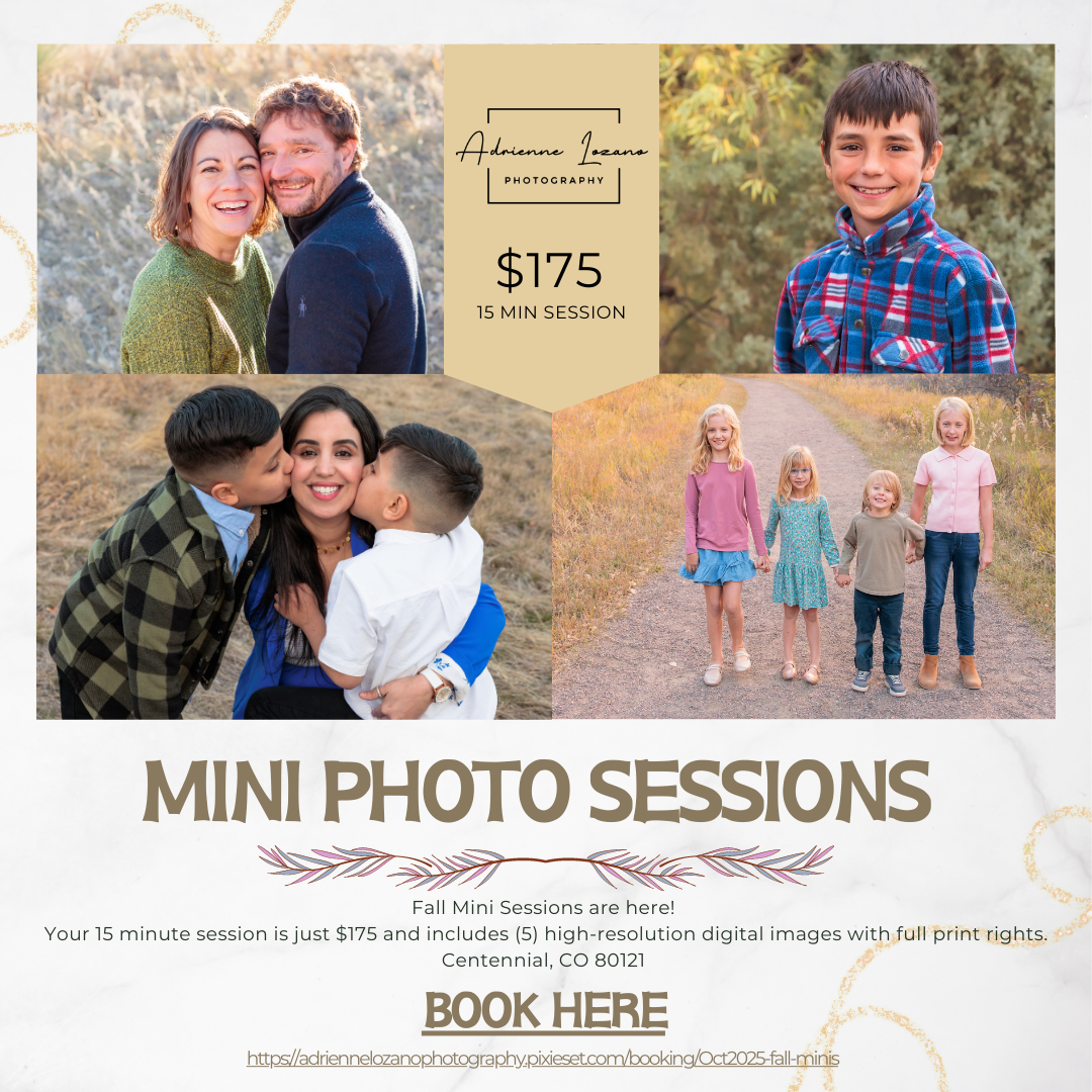 Flyer for Fall 2025 mini sessions for families, individuals, couples, Book at this URL - https://adriennelozanophotography.pixieset.com/booking/fall-mini-sessions-oct-25-and-26