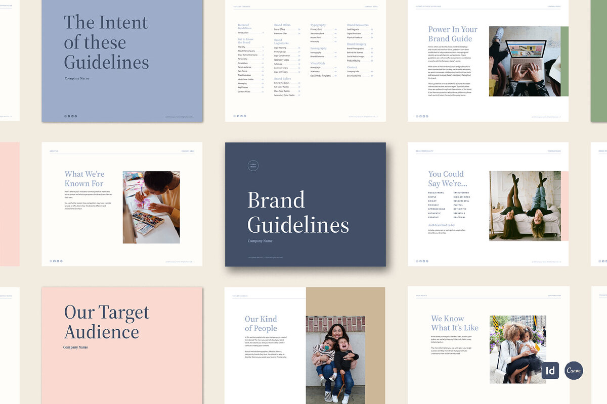 A fully customizable Brand Guide Template now in the shop. Available for InDesign and Canva.
