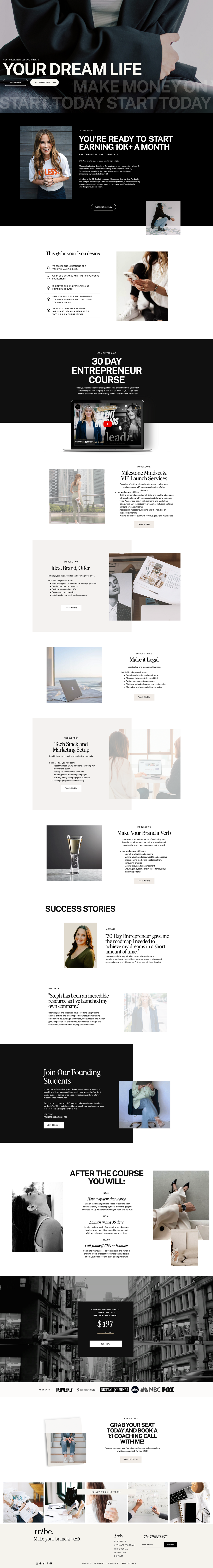 Landing page design for Tribe Agency’s 30 Entrepreneur Course with strong calls to action and clean, strategic layout