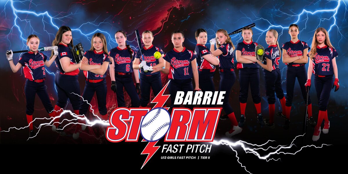 Barrie Storm Baseball team, Fast pitch baseball, Girls Baseball team. A dynamic team photograph of the Barrie Storm U13 girls fast pitch softball team. The players are wearing navy blue and red jerseys with the "STORM" logo. Some players are holding bats, gloves, and softballs. The background features dramatic lightning effects in red and blue, and the text "BARRIE STORM FAST PITCH U13 GIRLS FAST PITCH | TIER II" is prominently displayed.