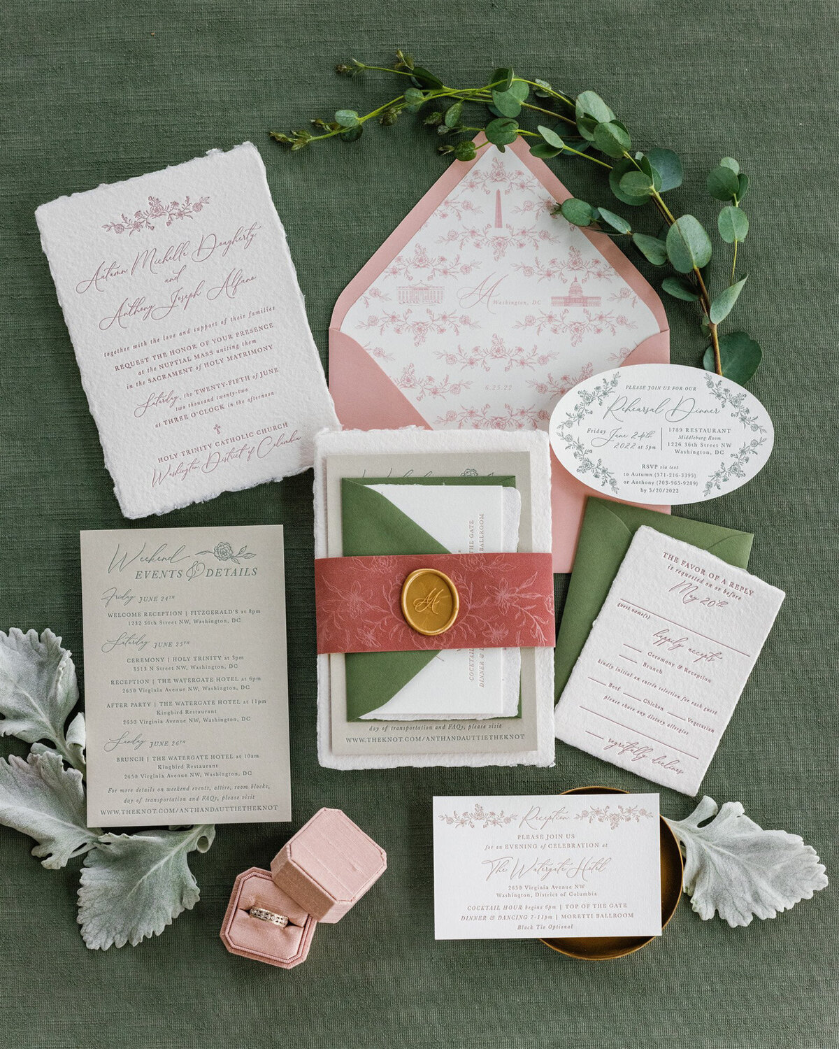 Elegant wedding details with invitation, menu, bands and floral details