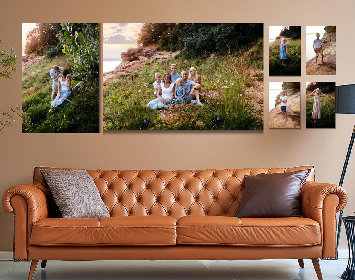 5 family photos of various sizes hangs above a leather couch