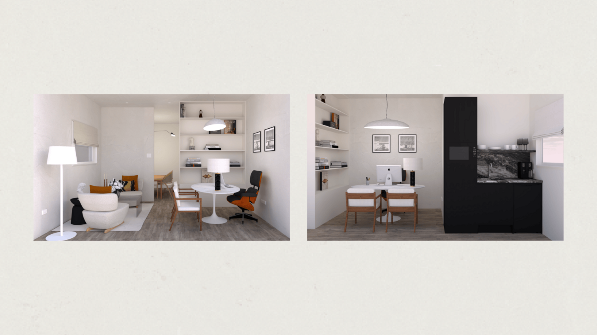 Two photorealistic images of the principal interior designer's office, showcasing a refined, modern space designed by Elizabeth Davis.