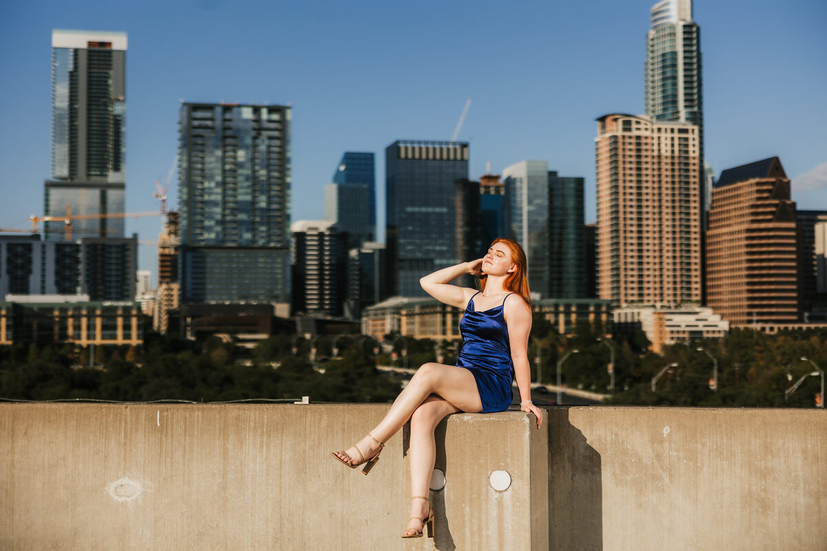 downtown austin senior in blue dress