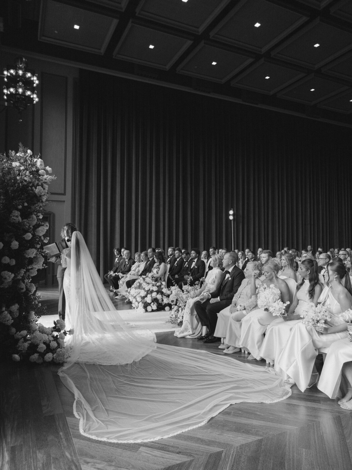 Extra long Galia Lahav veil at all white wedding ceremony in Nashville, TN
