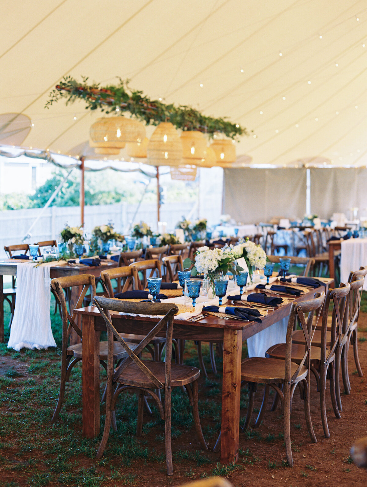 Dusty blue and white wedding reception in Maine