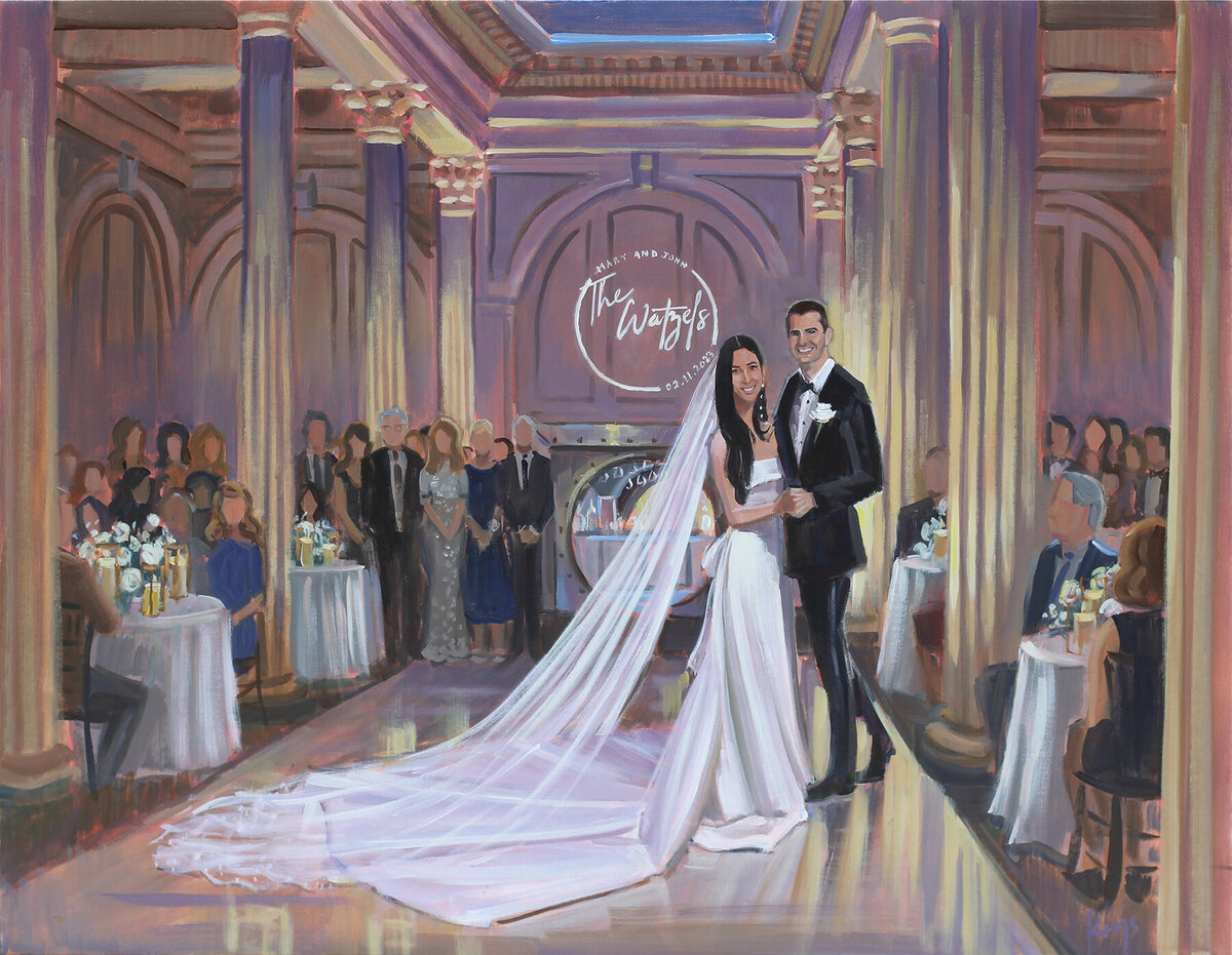 Live Wedding Painter creates painting of bride and groom's reception held at St. Augustine, Florida's Old Town wedding venue, The Treasury on the Plaza