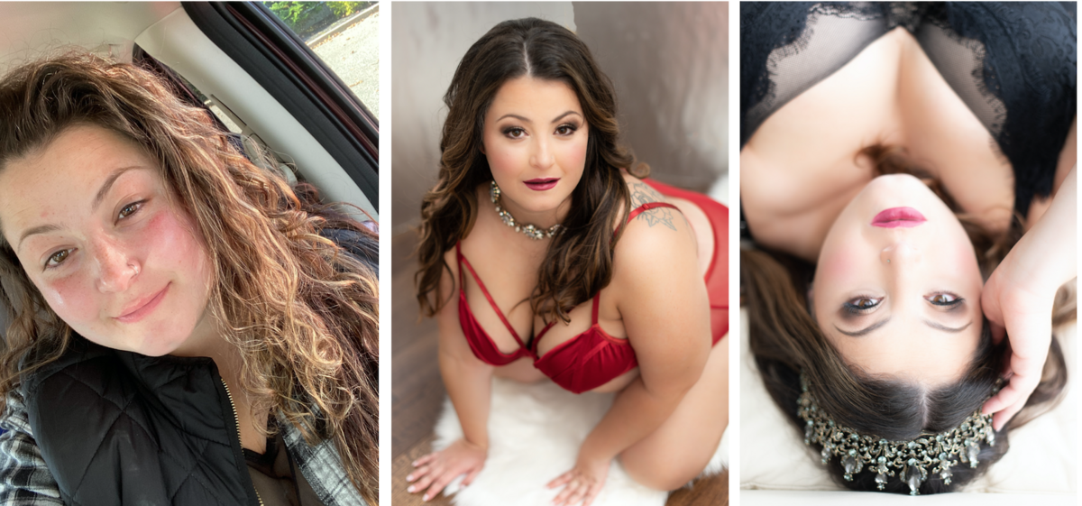 Woman before and after boudoir makeup and styling in red and black lingerie