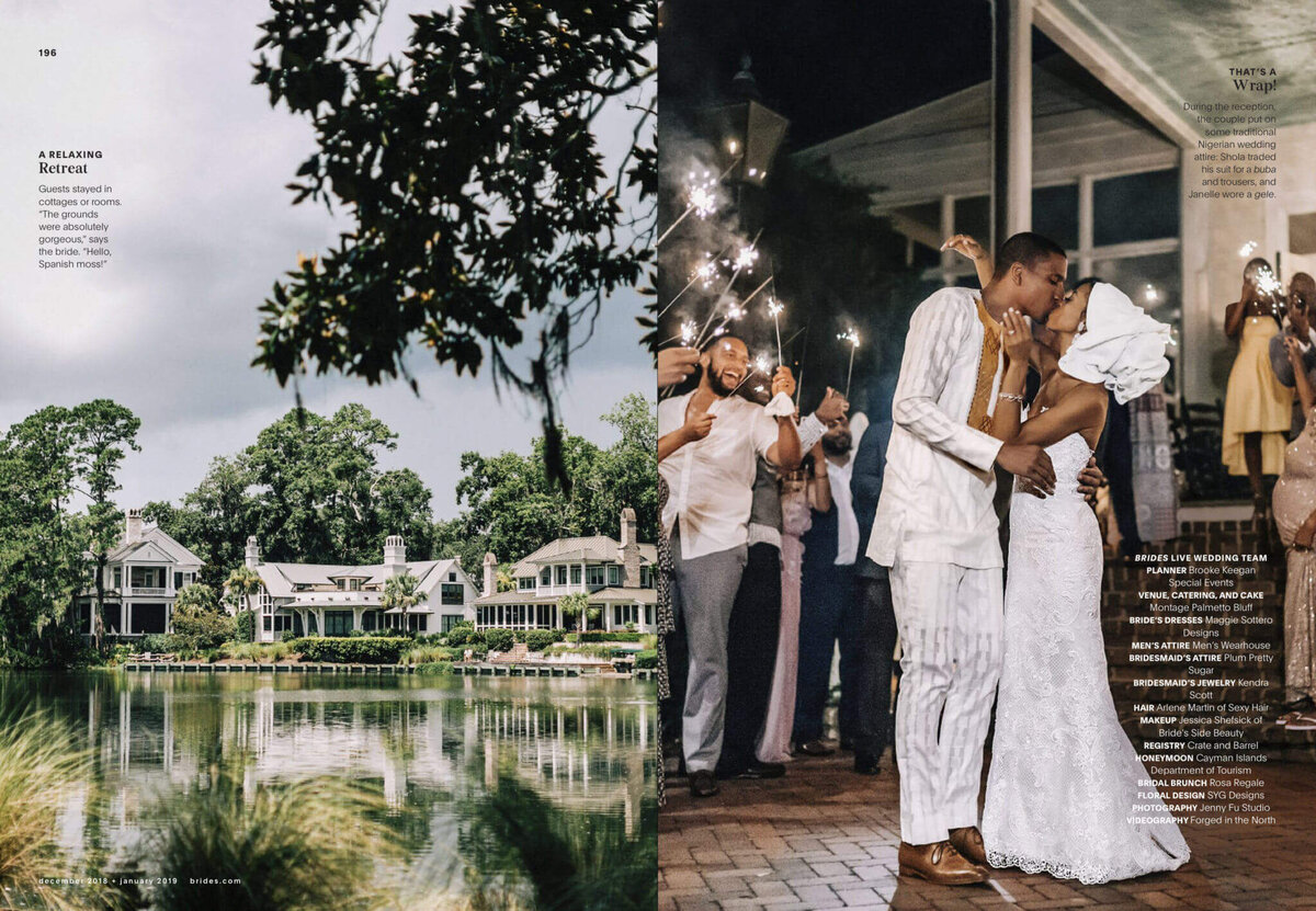 Brides Magazine pages with two images, bride and groom kissing & venue, of a wedding in Montage at Palmetto Bluff. Image by Jenny Fu Studio
