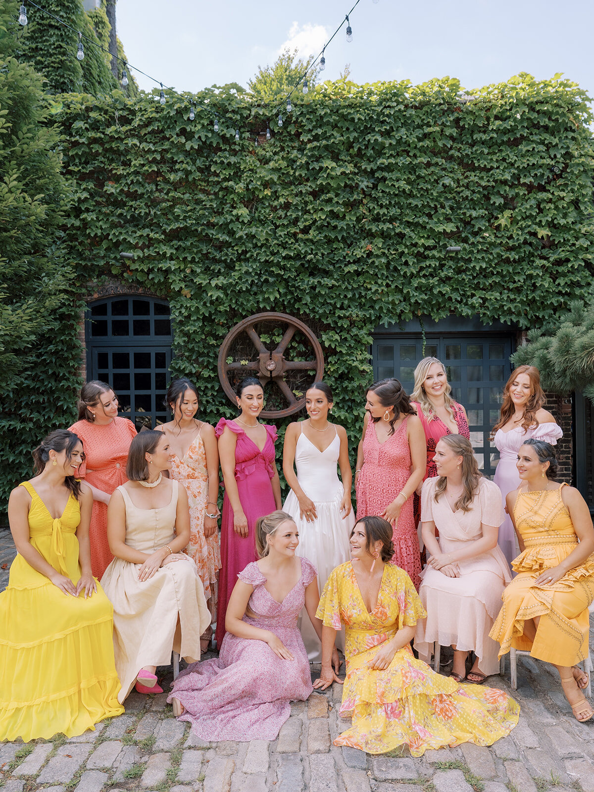 bride-bridesmaids-colorful-wedding-party-attire-outdoors-long-island-city-ny