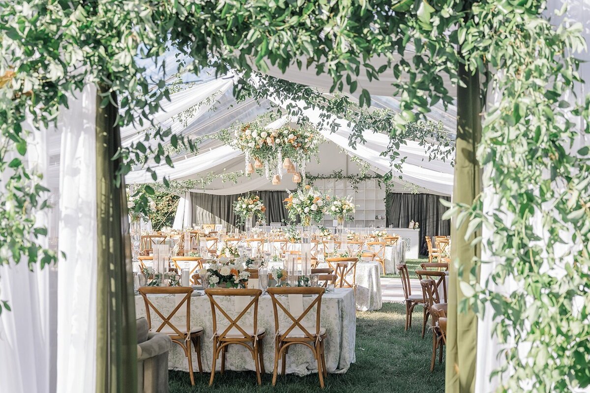 Columbus wedding  photographer photographs backyard wedding reception in a white tent with lush greenery decorating with the white drapery