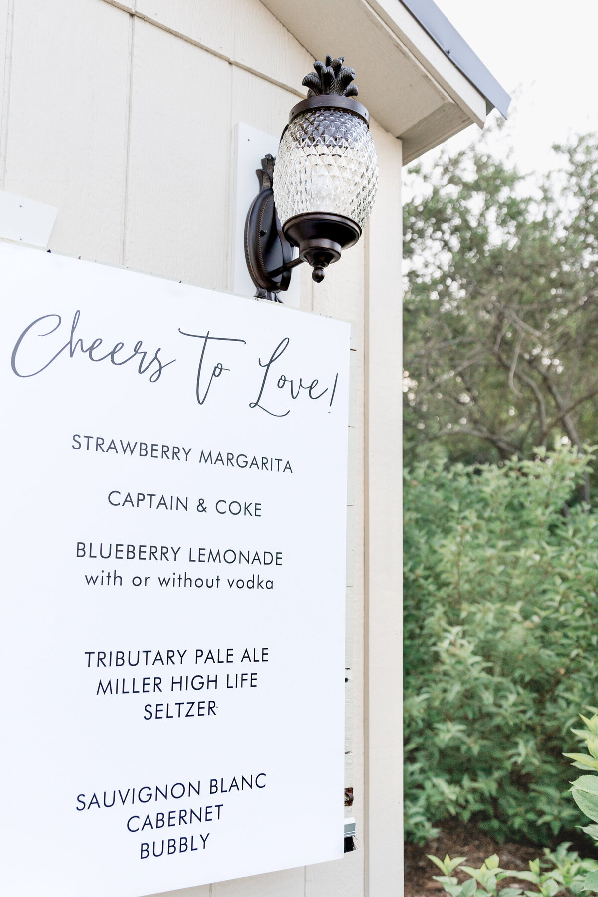 A detail shot of a bar menu at a garden wedding