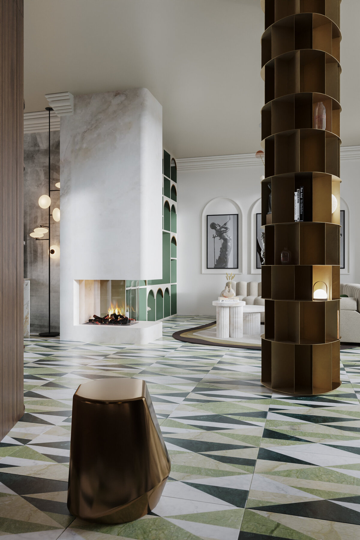 Living room with a green and white tile floor