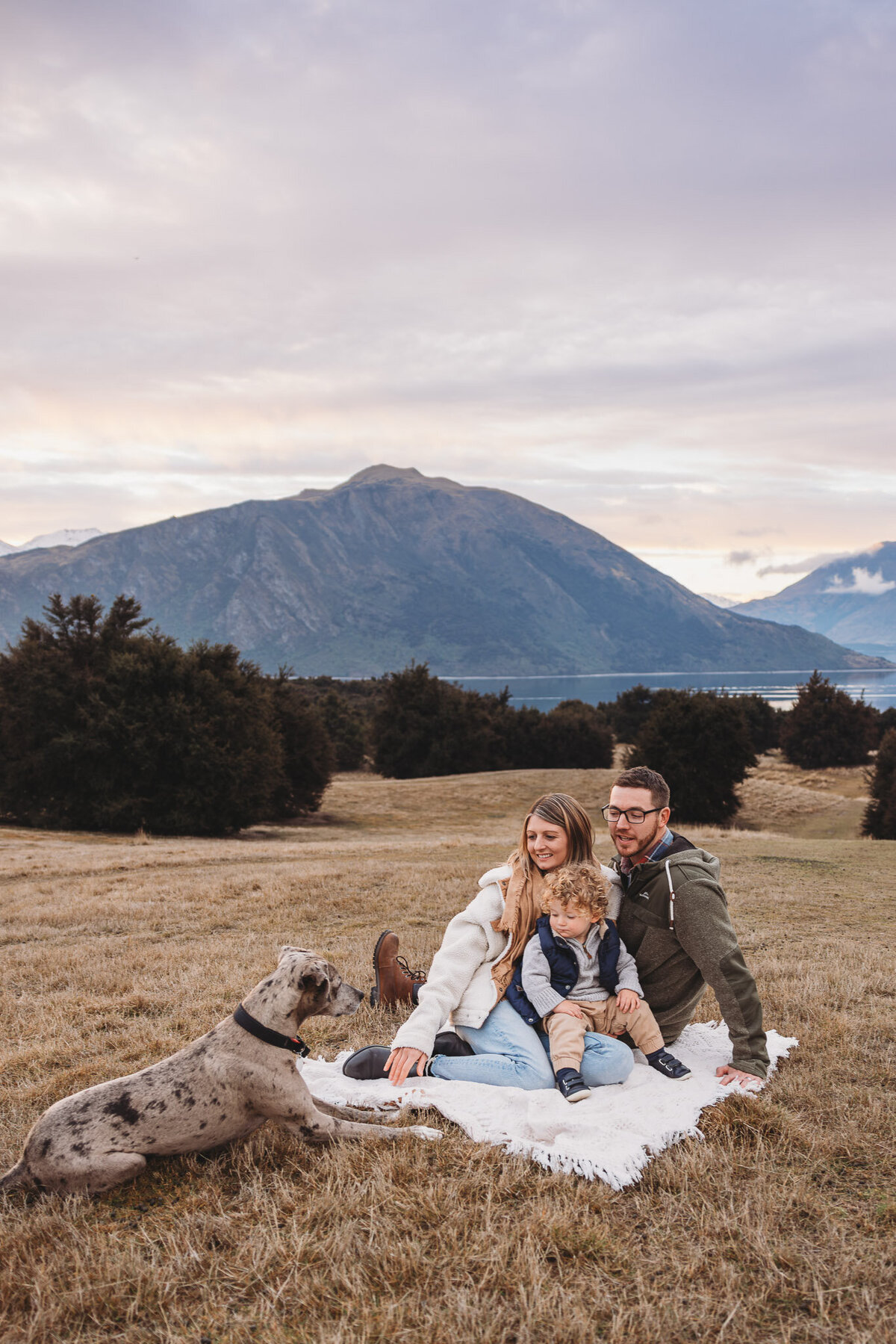 family sitting on a blanket looking at their dog during a family photoshoot in wanaka
