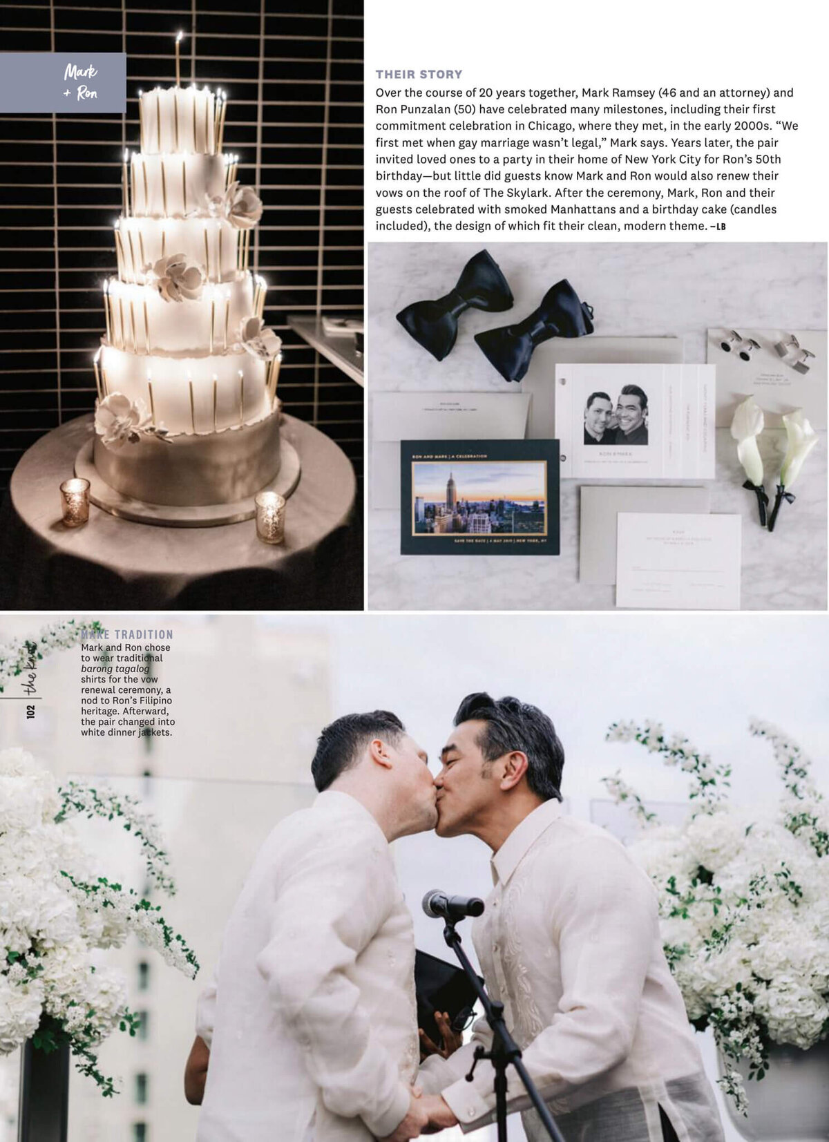 A page in The Knot Magazine where there are images of two grooms kissing and their wedding cake. Image by Jenny Fu Studio
