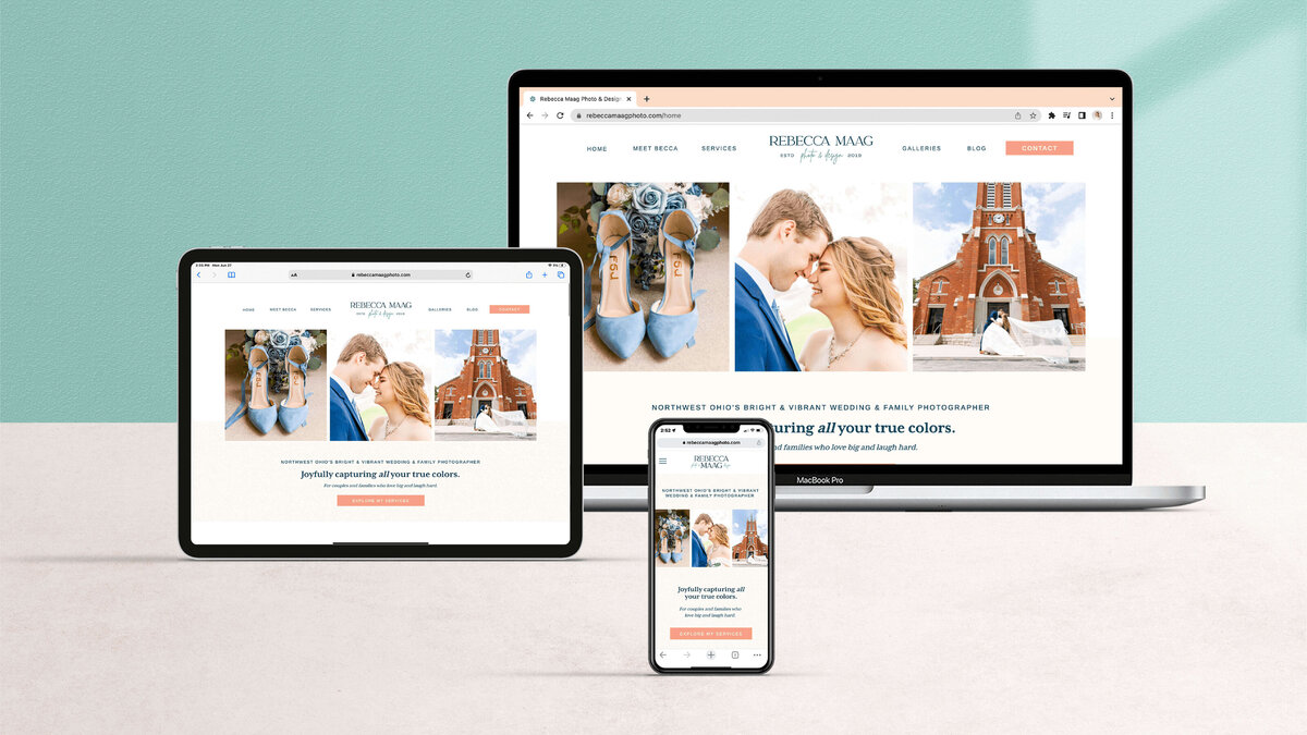 Showcase of website design for wedding photographer on different devices with teal background