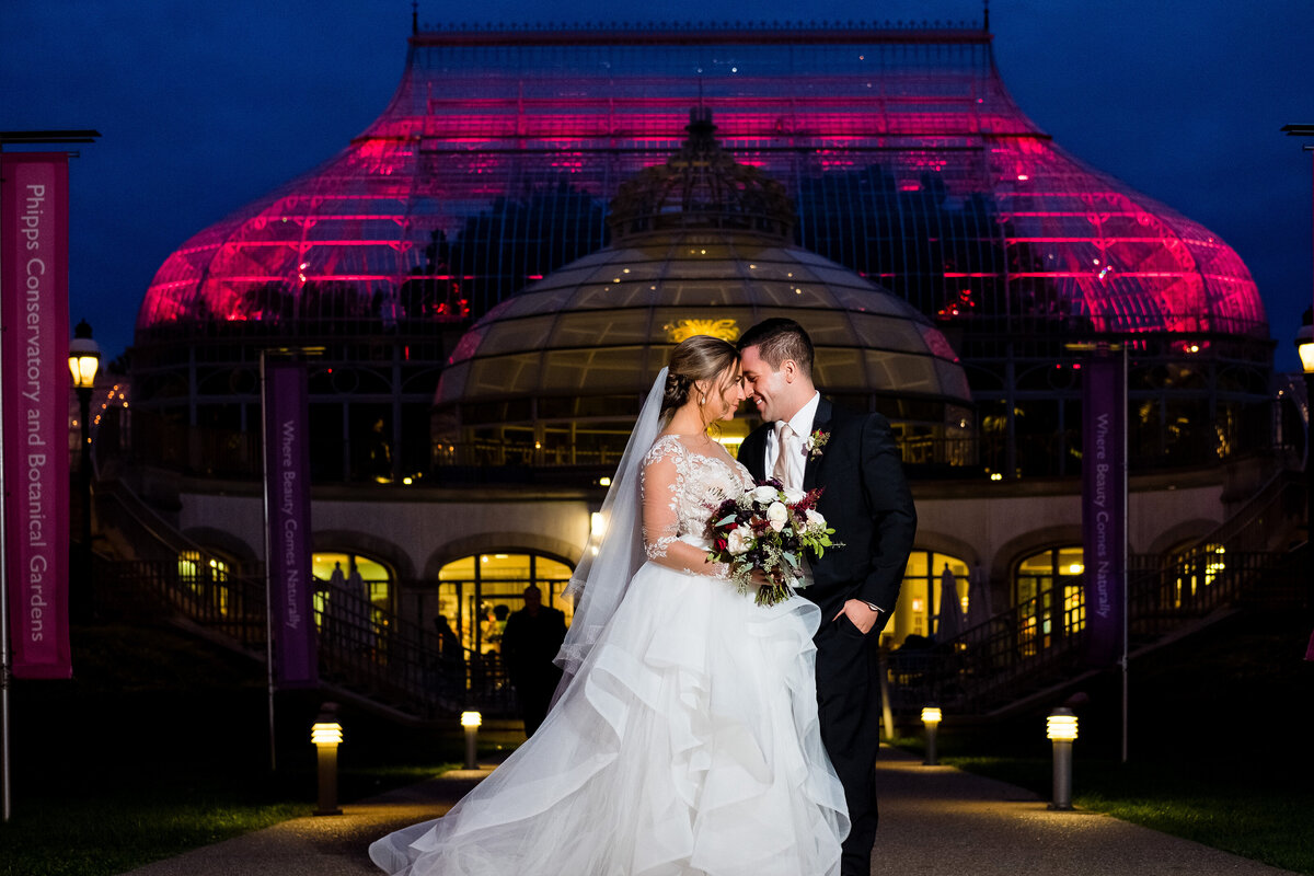 phipps conservatory night wedding picture in front