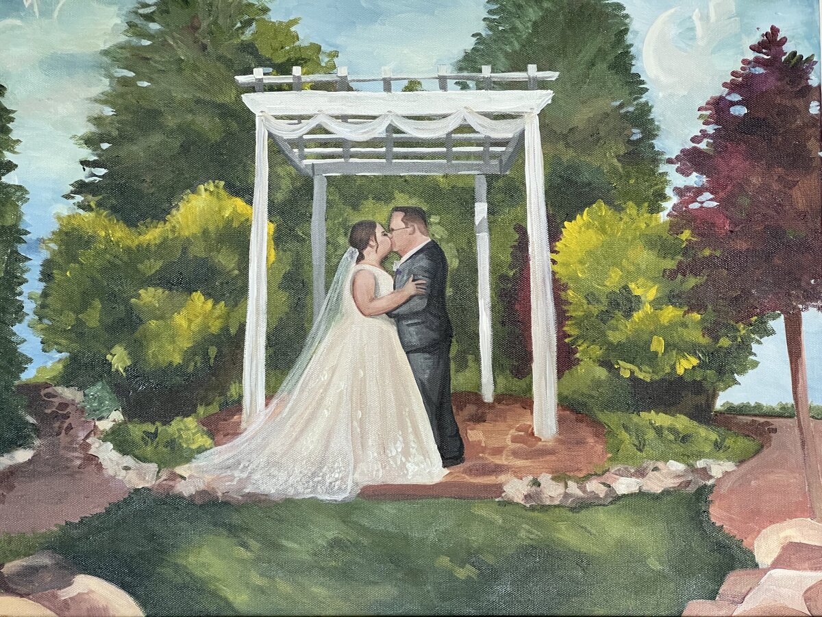 A live painting depicting a couples first kiss at the Colorado wedding venue Church Ranch Events Center