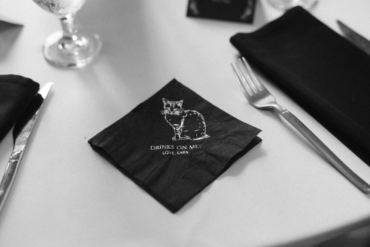 Black handkerchief on a table set up for a wedding reception